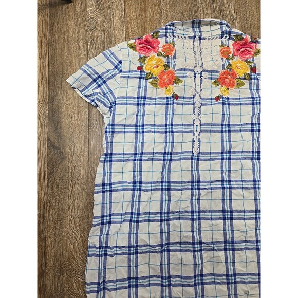 Johnny Was Women's Large Poplin Shirt Dress Tunic Plaid Embroidered Floral - Picture 13 of 15